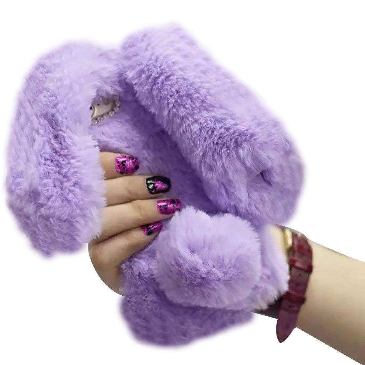 Ostop Compatible with Case Oneplus Nord N10 5G,Cute 3D Plush Rabbit Bunny Ears Furry Phone Case Soft Fluffy Fur Winter Warm Cover Flexible Rubber Silicone Shockproof Cover Girly Women,Purple 1