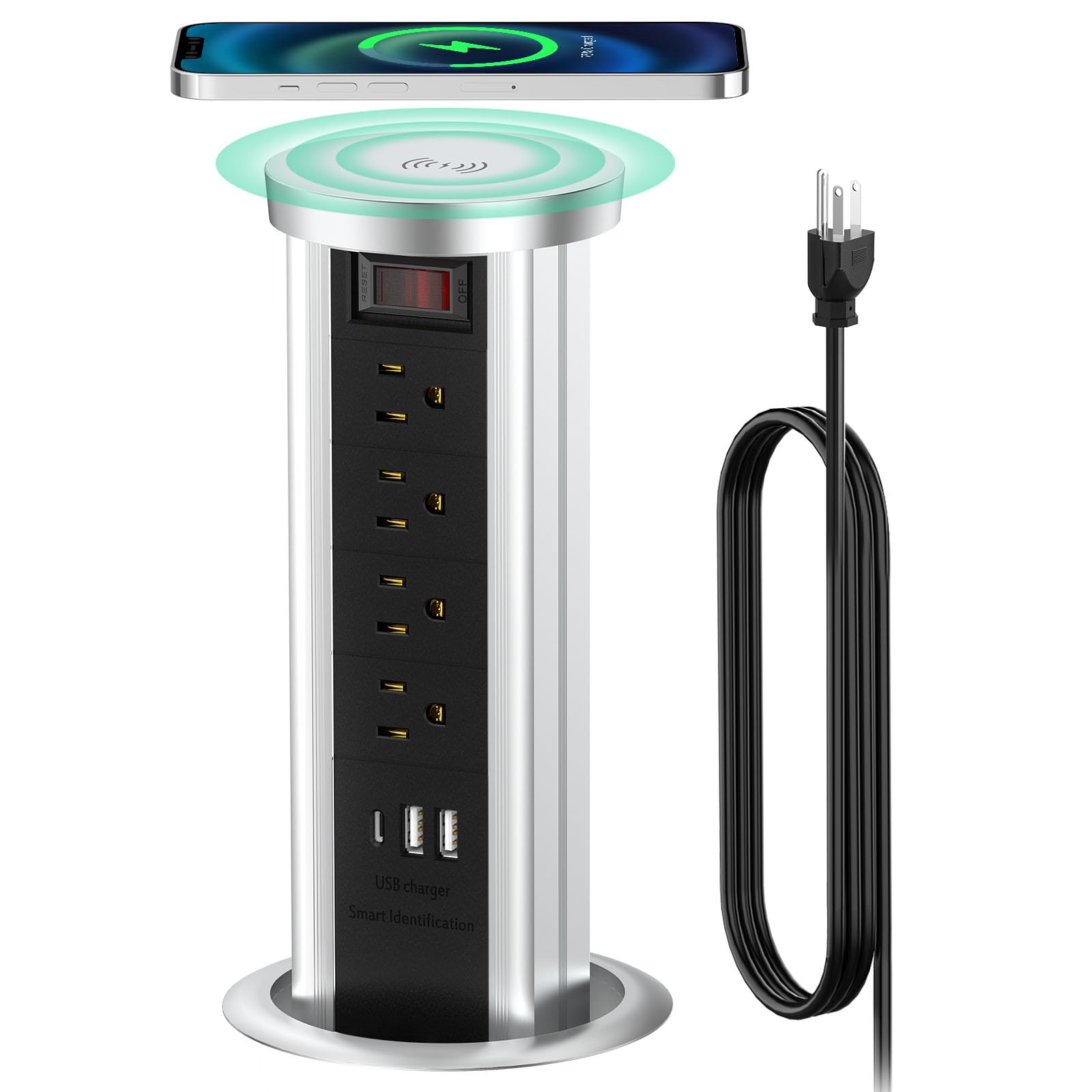 Automatic Pop Up Power Outlet, Popup Wireless Charging Station with 3AC Plugs + 2 USB, Pop up Electrical Outlets for Countertops, Recessed Hidden Outlet for Kitchen Island Conference (Silver White)
