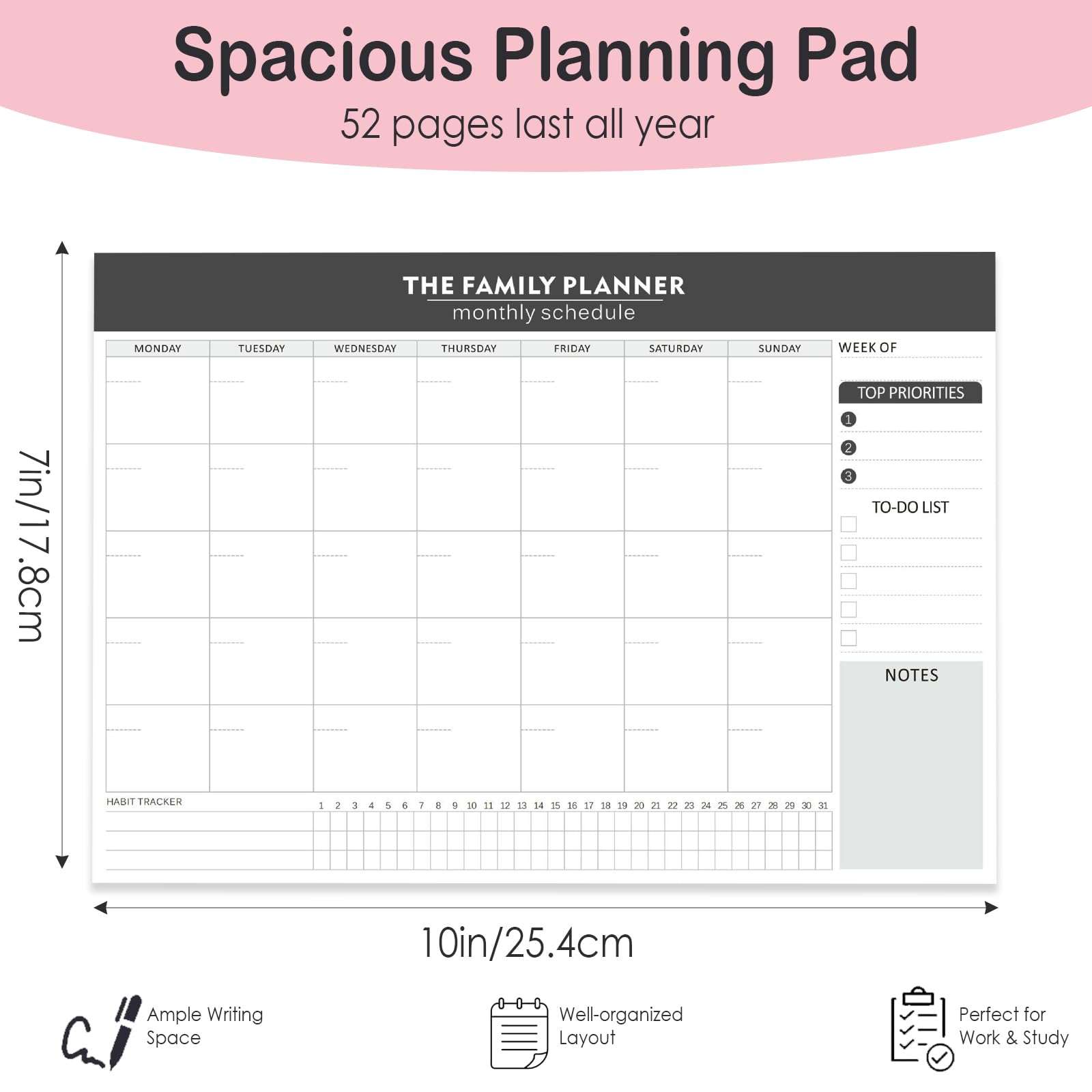 Weekly Planner Tear-Off To-Do List Notepad, 52 Undated Sheets (7"×10") - Essential Office Desk Accessories and Supplies (Black) 3