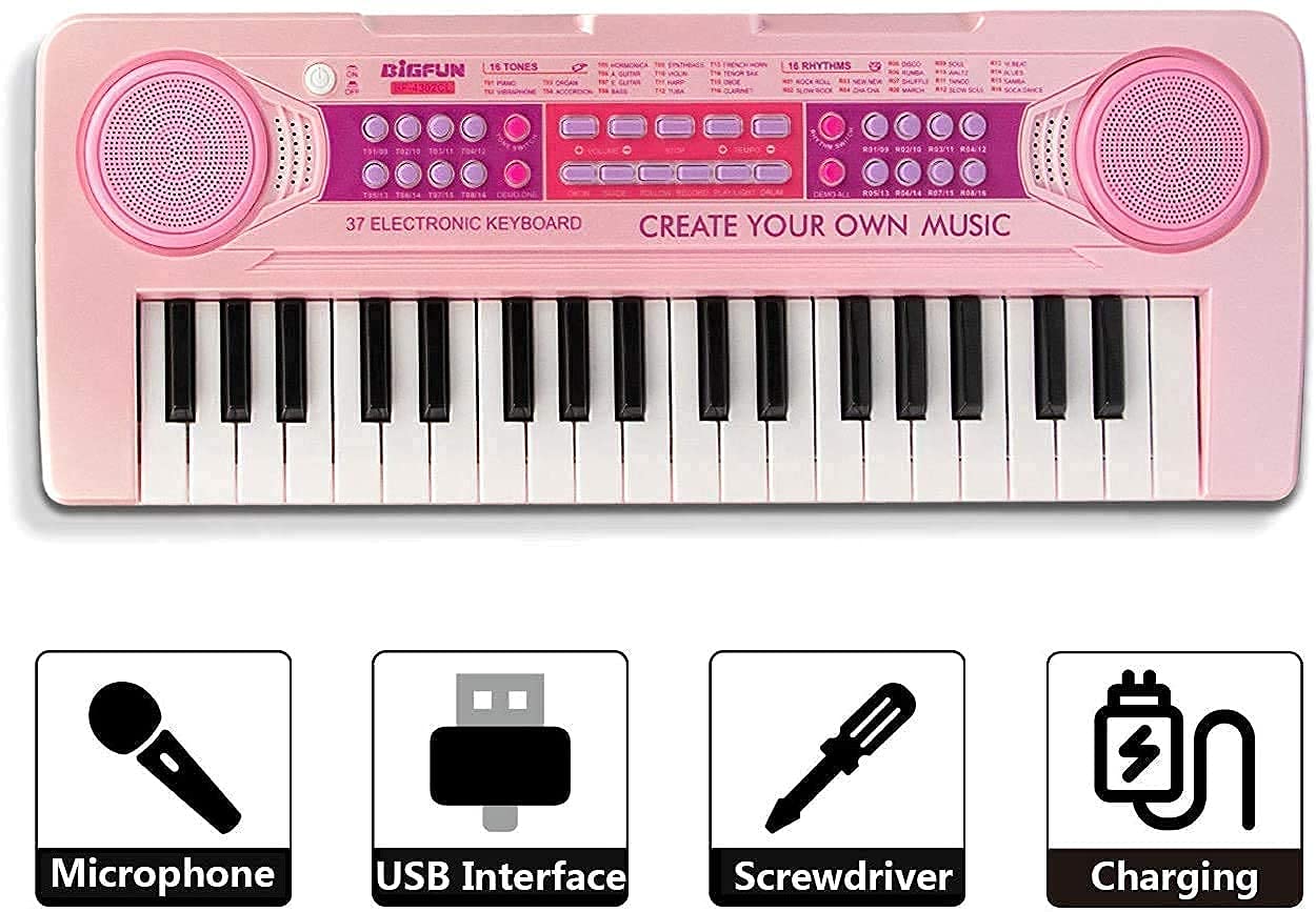 RADDIYA VINUBHAI Pink Colors 37 Key Keyboard Toy, DC Power Mode, Portable Electronic Keyboards Beginners Musical Toys Pianos, DC Power Option and Recording Function with MIC (Multi Colors)