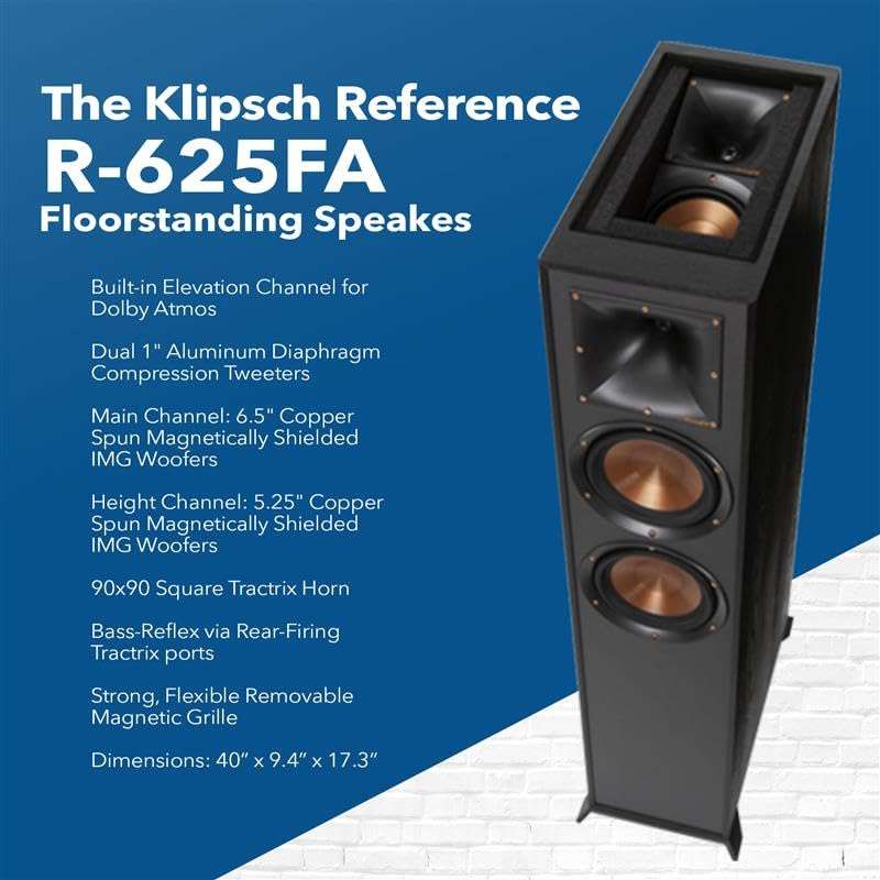Klipsch Reference 5.2 Home Theater System, Bundle 2X R-625FA Floorstanding 2X R-12SW Subwoofer, R-52C Center, R-41M Bookshelf Speakers, and Integra DRX 3.4 100W 9.2-Channel 8K Network AV Receiver 2