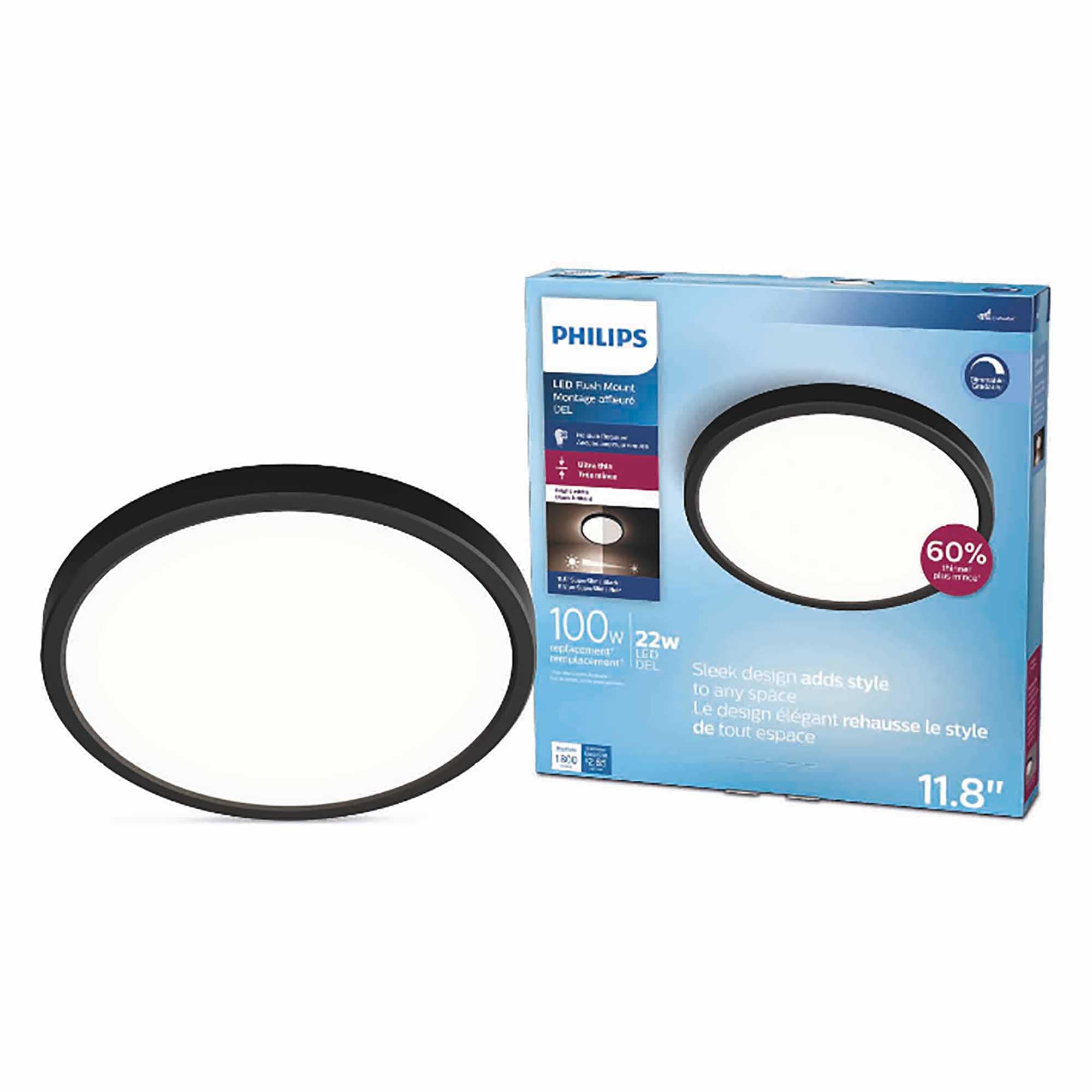 Philips LED Flush Mount Ultra Thin Black Ceiling Light 1-Pack Bright White (3000K) 1500 Lumen (22W = 100W) No Bulbs Required 1