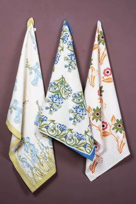 CONTRAST LIVING Chitra Hand Block Printed Kitchen Towel/Dish Towel/Hand Towel Multi Color Set of 3 Pcs 1