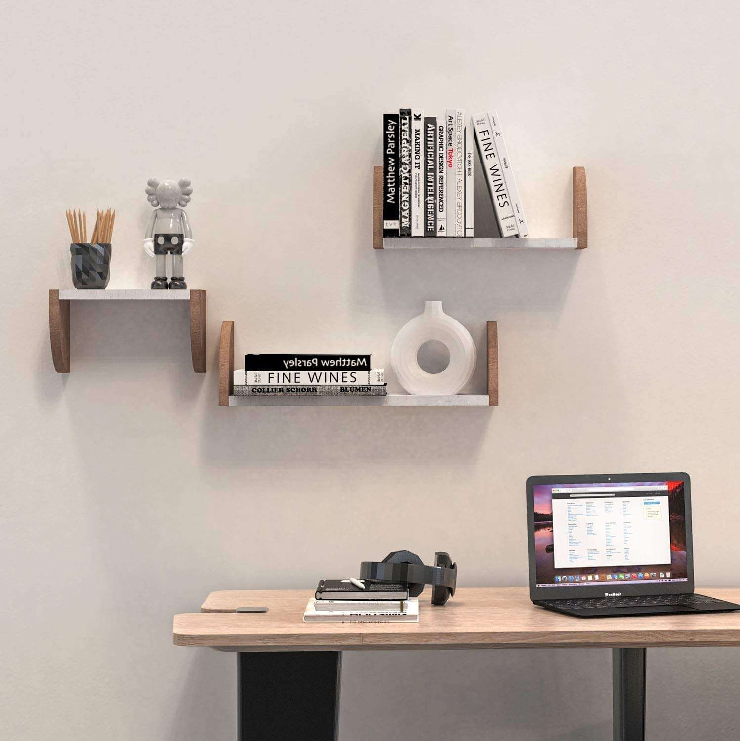 SAW SAQIB ALI WOODEN HANDICRAFTS Wall Rack Shelves (Set of 3 Shelves) for Living and Bedroom Decoration (Color-White/Brown) (5*16*5) (5*12*5) (5*8*5) inches Home Decor 3