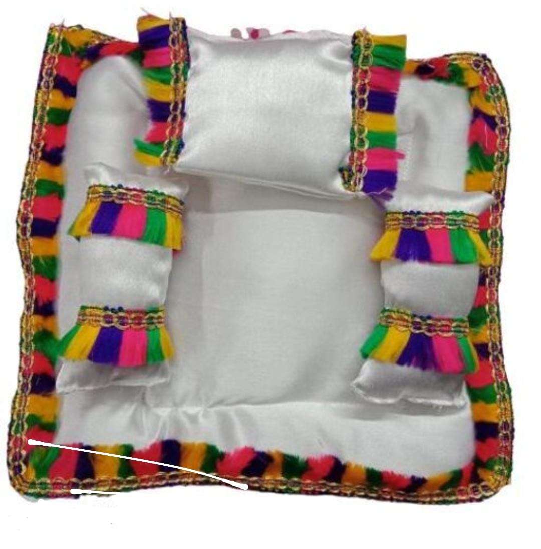 Poorti Enterprises Laddu Gopal Ji Super Soft Satin Blanket/Kambal/Rajai and Mattress/Gadda with Pillow for Krishna Idol (Ladoo Gopal Bister Set) (White) - with Free Exciting Gift for Kanha Ji 4