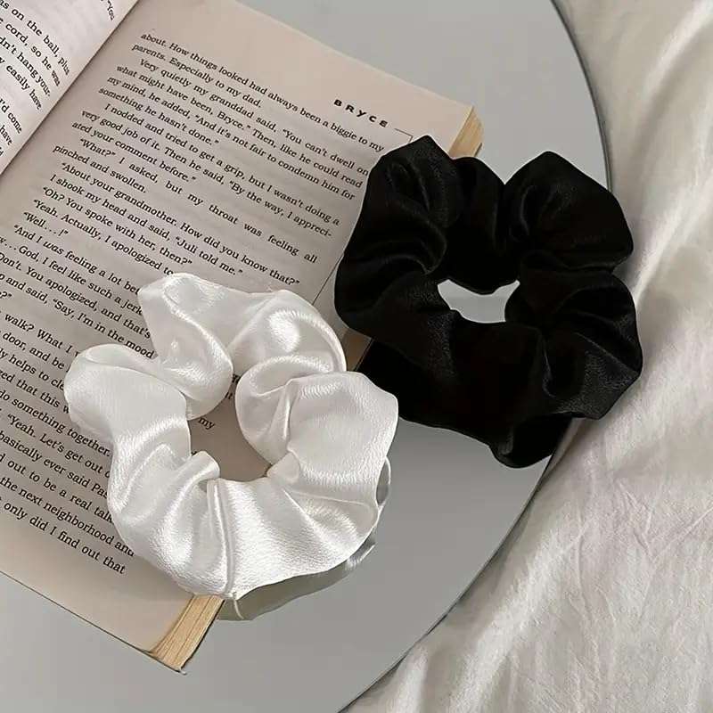 Cerrito Satin Hair Scrunchies for Women & Girls – Soft, No-Crease, Gentle Hair Ties for Thick, Curly, Straight, or Fine Hair – Smooth Silk-Feel Elastic Scrunchy Set for Styling, Sleep Regular Wear (Black & White-6 Pcs) 3