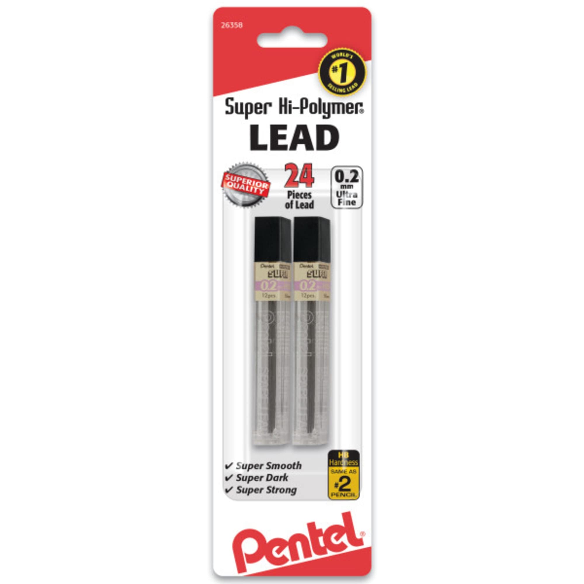 Pentel® Super Hi-Polymer® Leads, 0.2 mm, HB, 24 Leads Per Tube