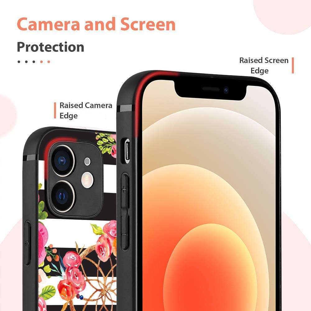 OOK Case for iPhone 12 6.1 inch 2020, Frosted Case for Women Girls with Flower Dream Catcher Design Flexible Soft TPU+Hard PC Hybrid Rubber Bumper Full Body Protective Cover Case for iPhone 12 4