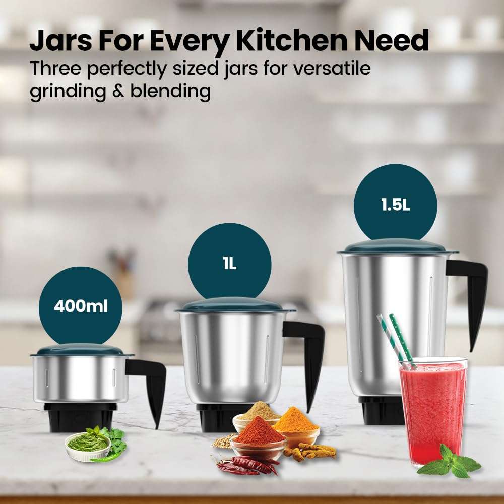 Havells ESO 750 Watt Mixer Grinder | 3 Stainless Steel Jars with Handles | 304 Rust-Resistant SS Blades | 21000 RPM High-Speed Motor | 5-Year Motor Warranty | Heavy-Duty Mixie (Teal) 5