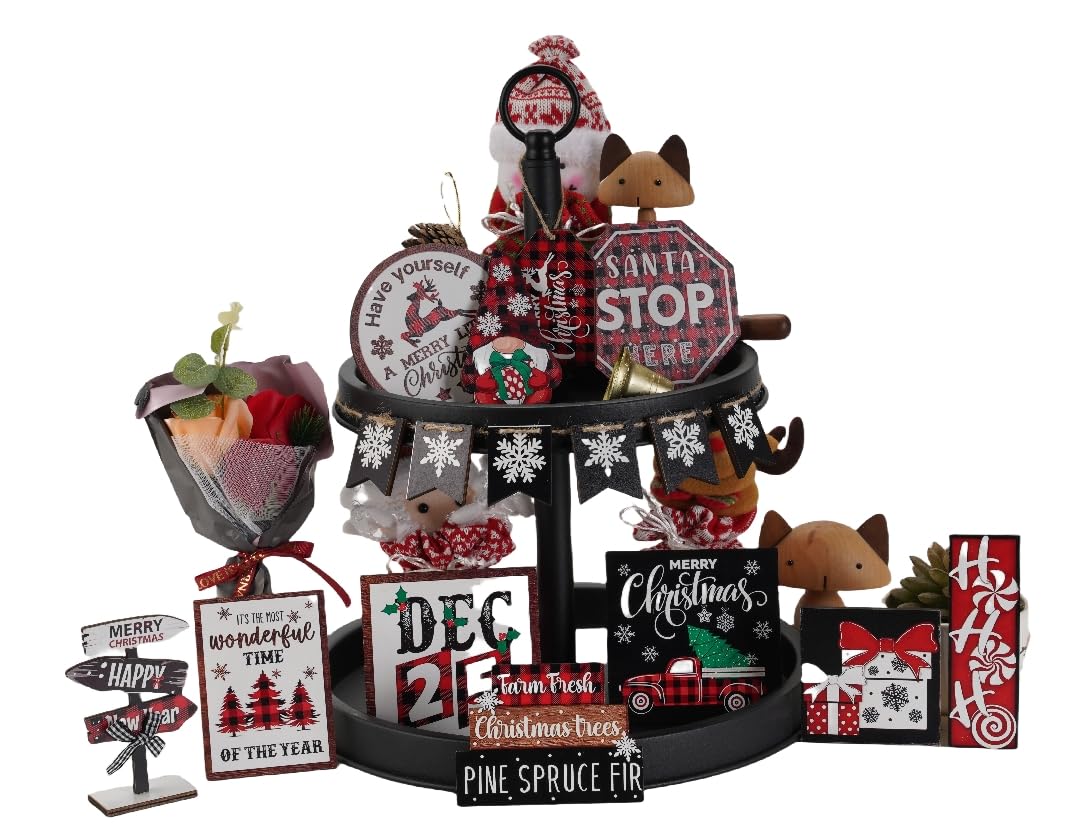 FRTIM 15 Pcs Christmas Tiered Tray Decorations Set Christmas Wooden Signs Tiered Tray Decor Table Signs for Christmas Winter Table Centerpieces Home Decorations