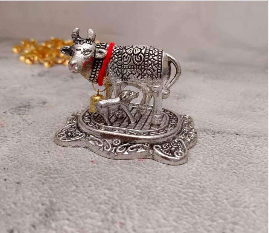 LABHCART Decorative Silver Metal Cow Statue with Bell, 7.6 x 6.4 cm, Traditional Design,Pack of 6 4
