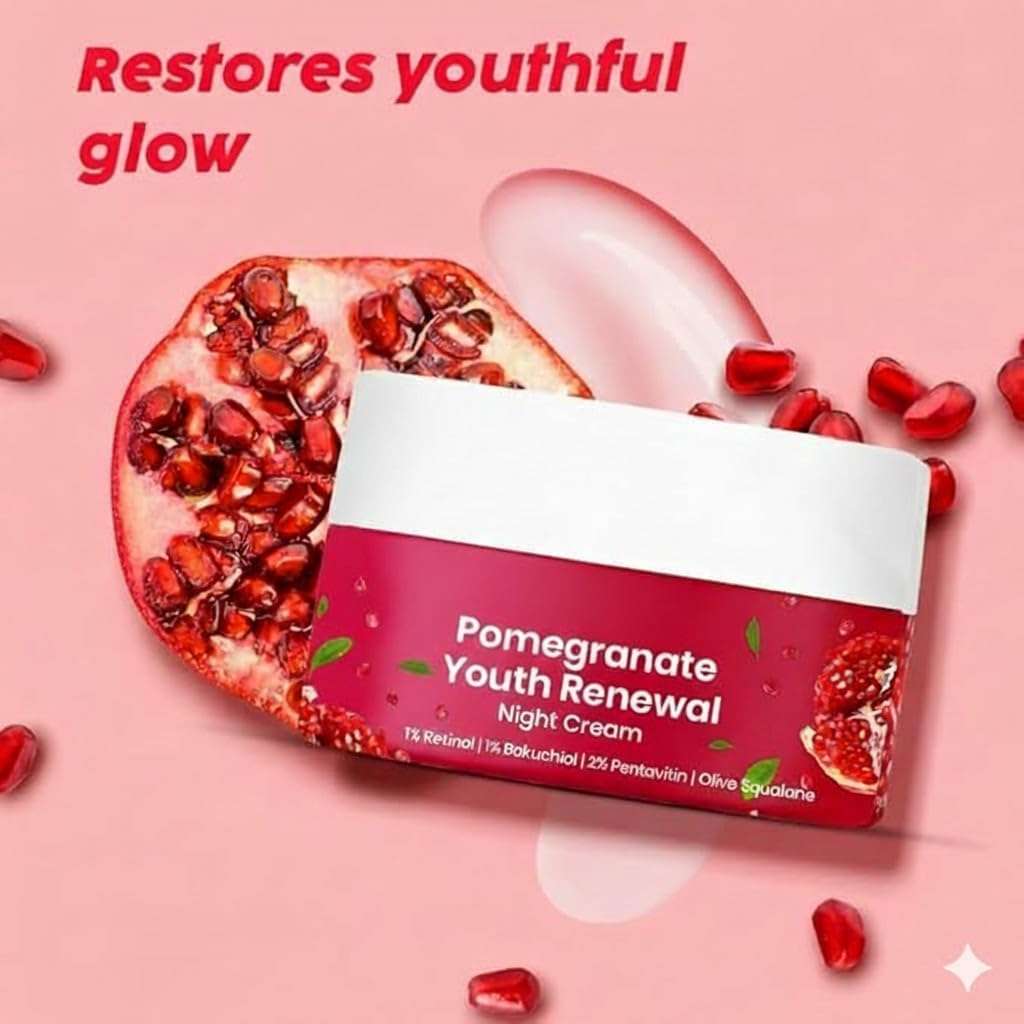 Pomegranate Youth Renewal Night Cream for Face – 1% Retinol, Bakuchiol & Olive Squalane – Hydrating & Nourishing Anti-Ageing Skin Cream – 50 g 5