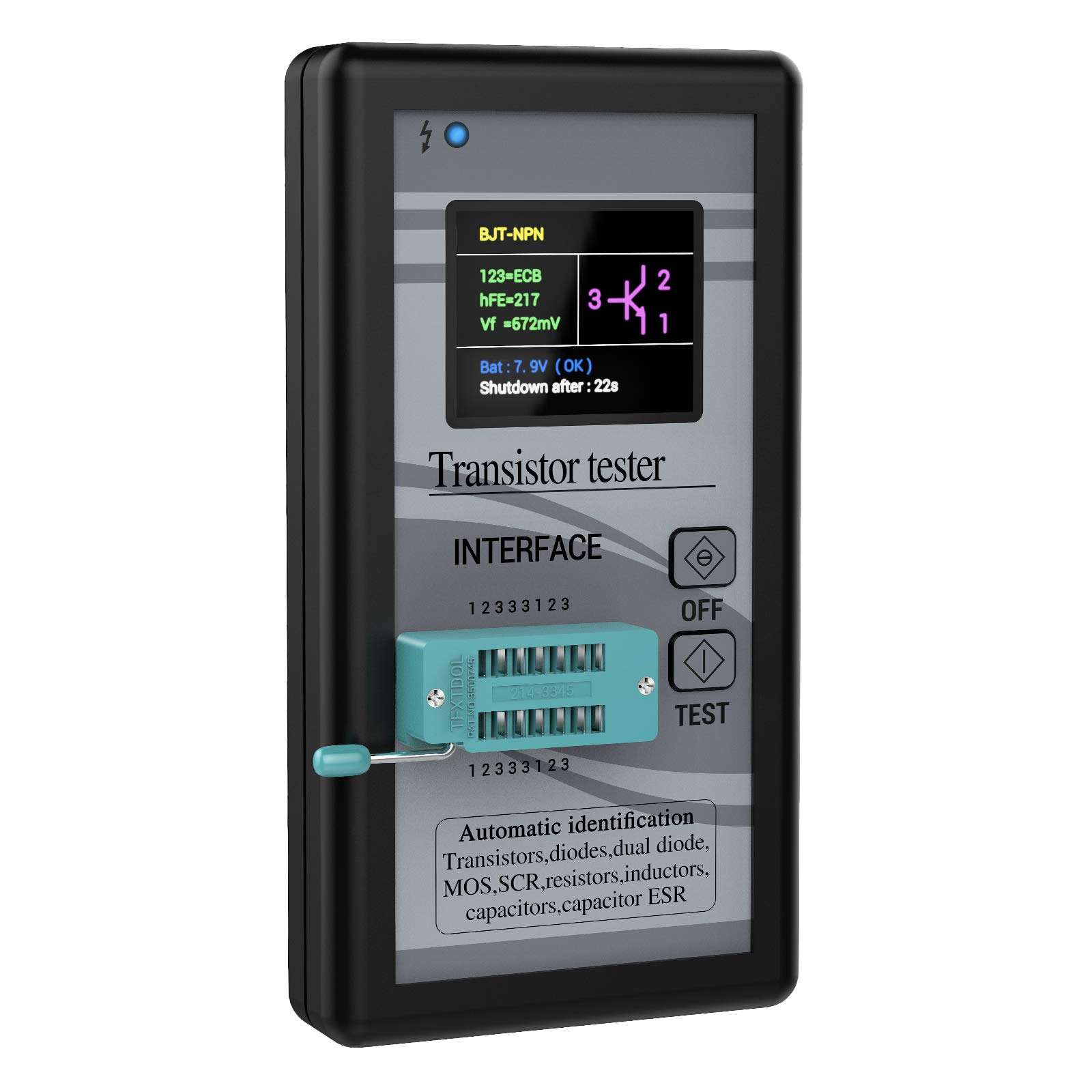 DROK Transistor Tester LCR Meter, Mosfet Transistor Capacitor Tester, Mega328 NPN PNP Transistor Diode Resistor Inductor Capacitance MOS SCR ESR Meter Automatic Checker Detector 1