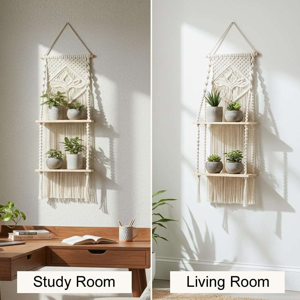 Decazone Macrame Indoor Wall Hanging Shelf Chic Decor Wood Floating Boho Shelves with Wooden Dowel Hand Woven Bohemian Decor for Apartment Dorm Bedroom Living Room Nursery Beige (2 Tier) 5