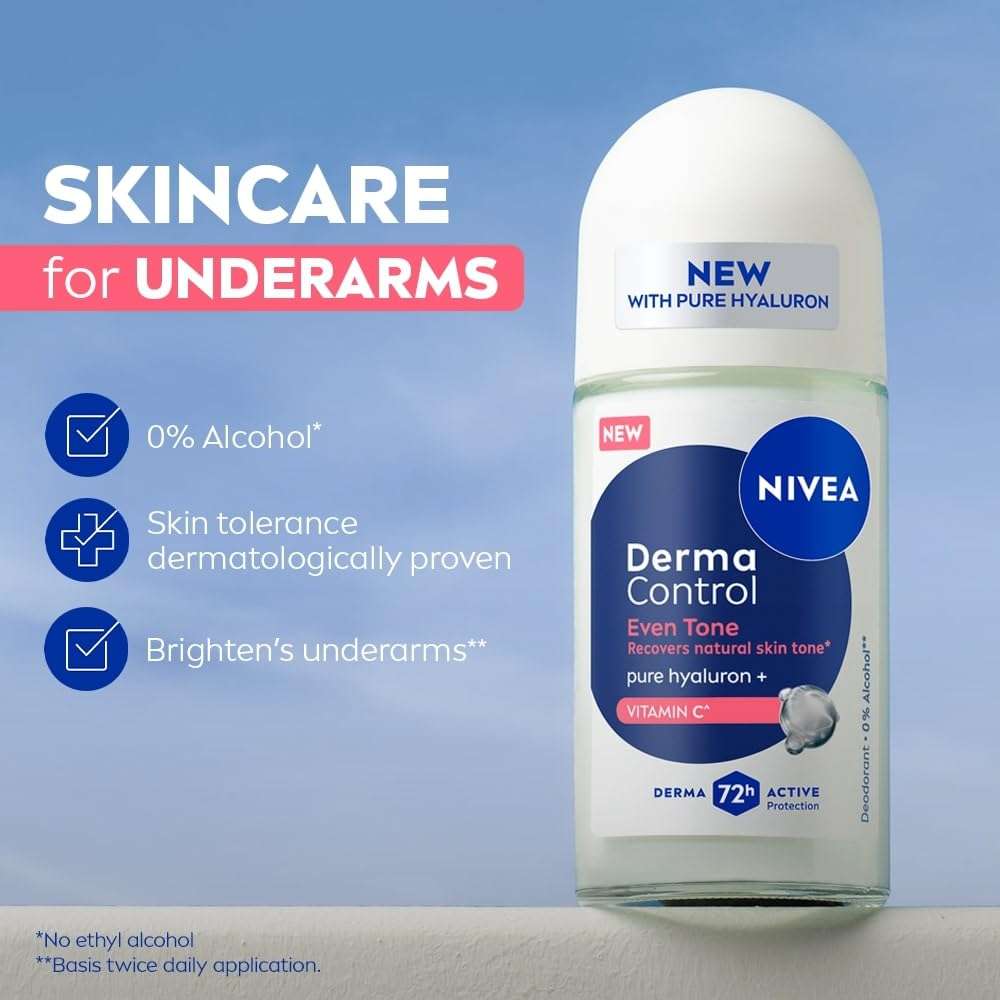 NIVEA Derma Control Even Tone Underarm Deo Roll-On for Women | Smoother & Brighter Underarms | 72H Derma Active Protection | With Pure Hyaluronic Acid & Vitamin C | 0% Alcohol | 50 ml 4