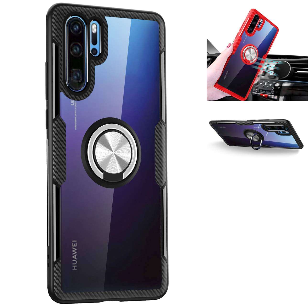 Huawei P30 Pro Transparent Case,360° Rotating Ring Kickstand Protective Case,TPU+PC Shock Absorption Double Protection Cover Compatible with [Magnetic Car Mount] for Huawei P30 Pro Case (Black/silver) 1