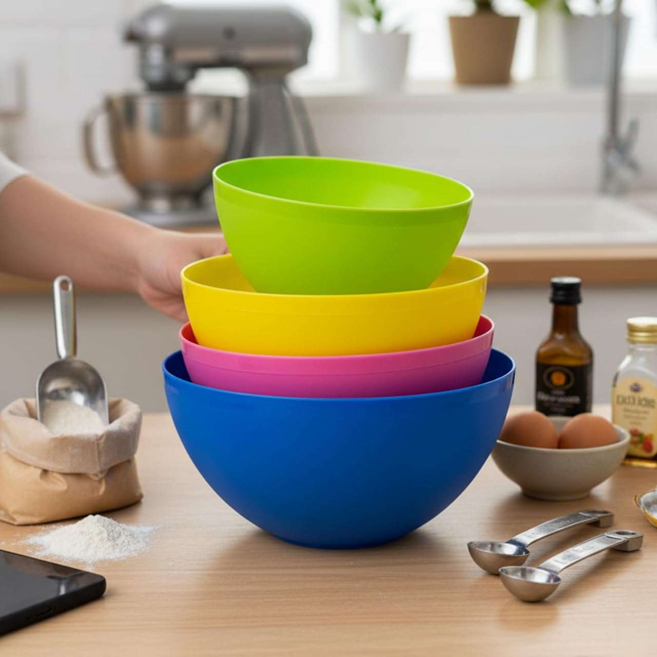 Gluman 4-Piece Mixing Bowl Set | Opaque Multi-Color Plastic Kitchen Bowls for Baking, Cooking, Meal Prep & Serving | Lightweight, Dishwasher Safe |Stackable Bowls (3200ml, 2000ml, 1350ml, 850ml) 4