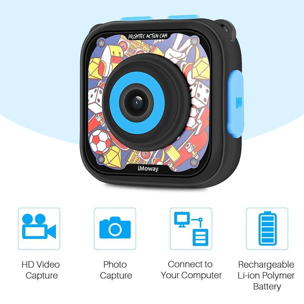 iMoway Kids Camera, Waterproof Video Cameras for Kids HD 1080P Kids Digital Cameras Camcorder with 16GB Memory Card, Card Reader and Floating Hand Grip (Blue) 3