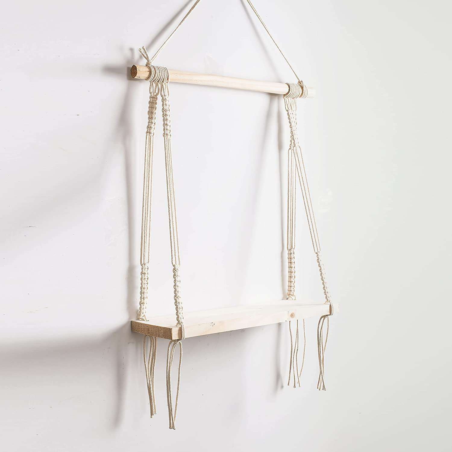 Kevadia Macrame Wall Hanging Shelf Wood Floating Boho Shelves with Wooden Dowel Modern Chic Hand Woven Art Decor for Apartment Dorm Bedroom Living-Room Nursery Beige 55 x 43 cm 3