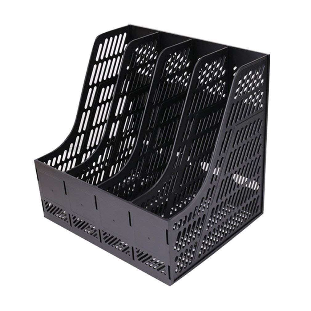 PRANIJ Desktop Magazine Holder Countertop Desk File Organizer 4 Compartments | Plastic Vertical File Dividers Book Holder & Cabinet Document Storage Rack (Black, Step Shelf) 5