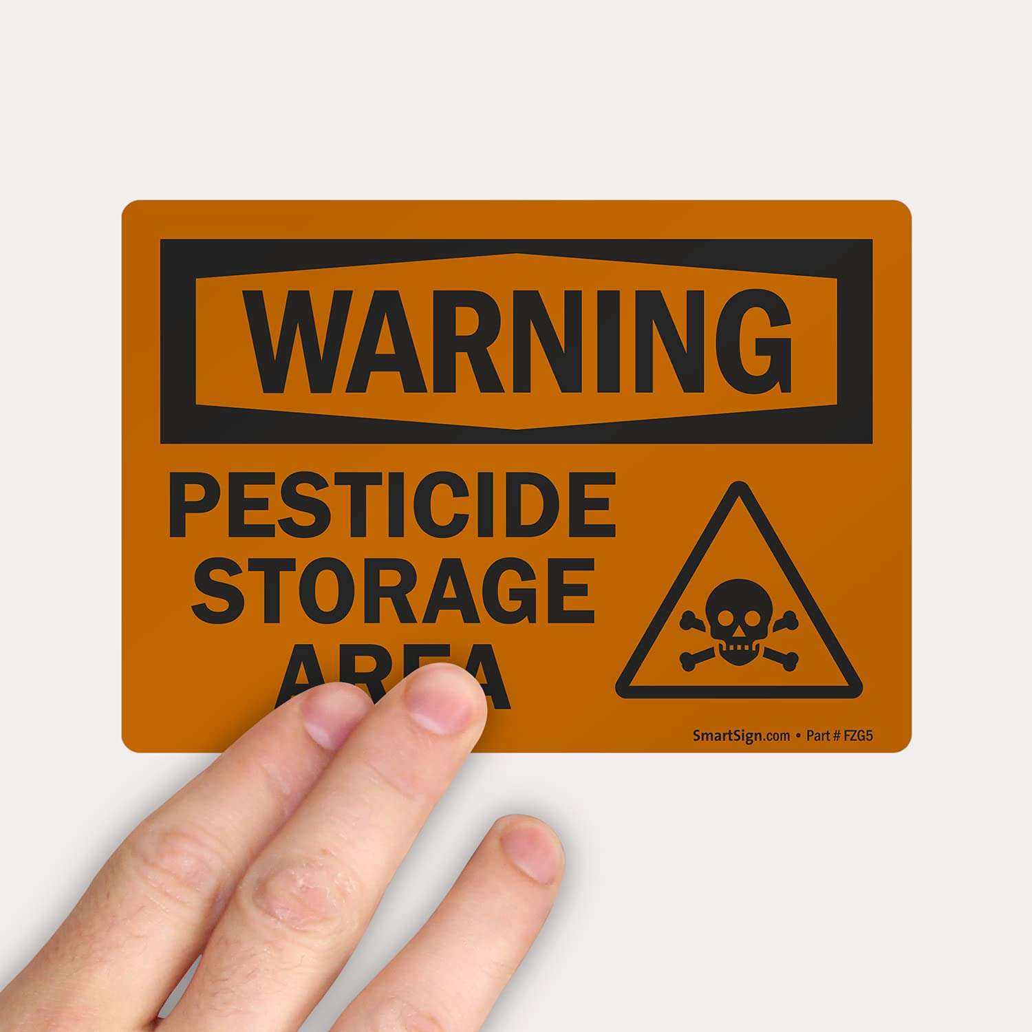 SmartSign 3.5 x 5 inch “Warning - Pesticide Storage Area” OSHA Label with Graphic, 3 mil Laminated Adhesive Polyester, Orange and Black 6