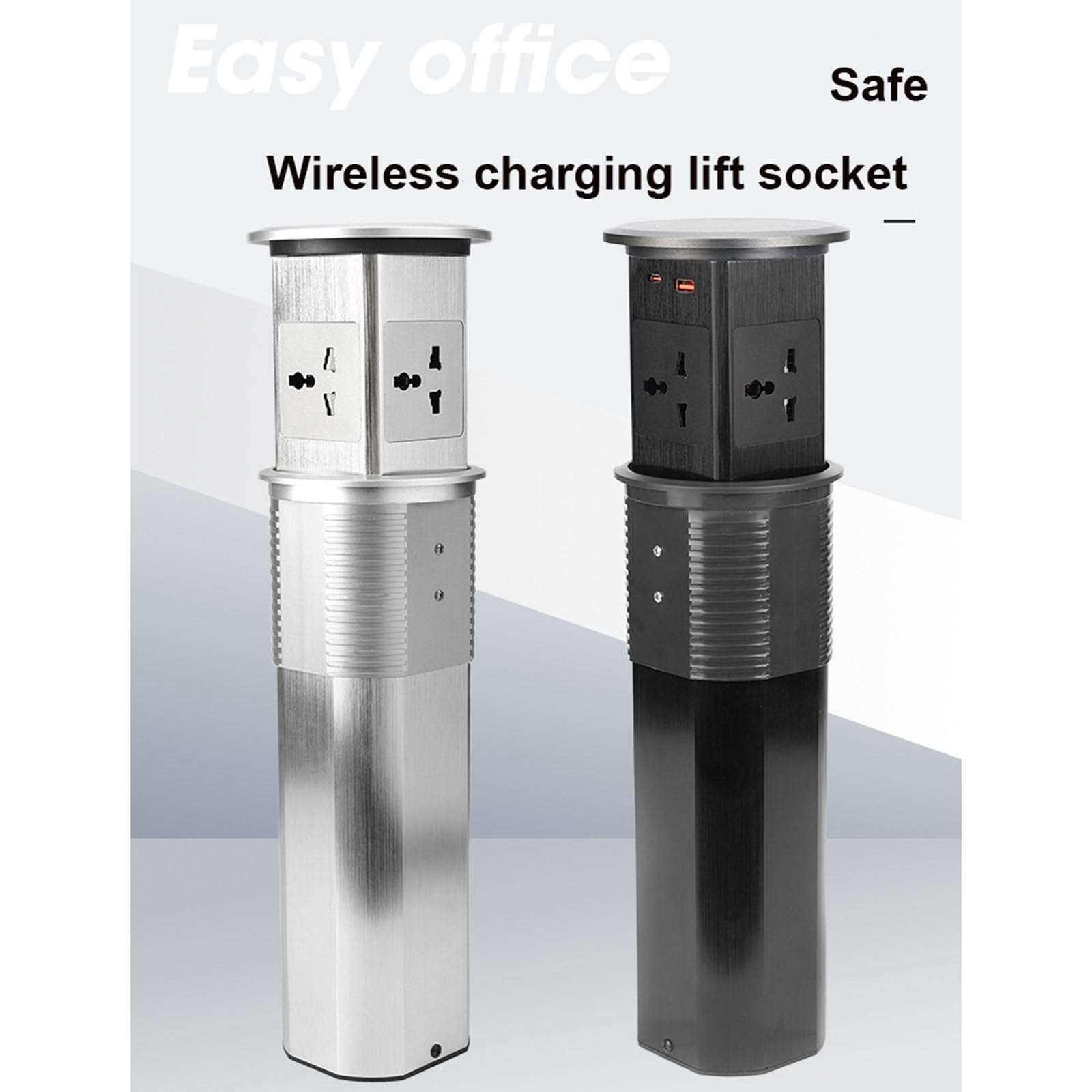 Smart Pop Up Socket, 4 Outlets+U-C+Wireless Charger, Aluminum Alloy, One-Touch Lift, for Office/Kitchen,Silver 3