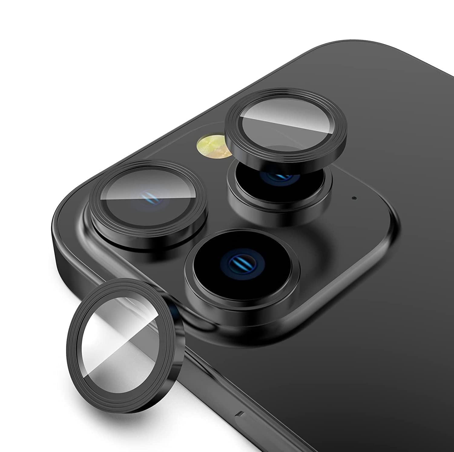 MobileZon Compatible for iPhone 14 Pro Max / 14 Pro Camera Lens Protector Tempered Glass Alloy Metal Rings Protection (Black)