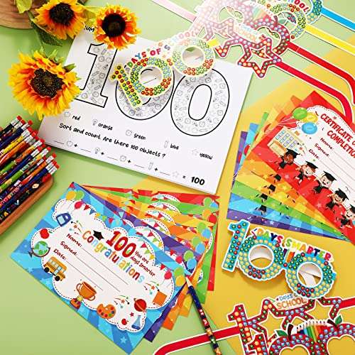 100th Day of School Kit Teacher Favor Kit Include Pencils, Color Pages, Certificates, Certificate of Merit and Glasses for Kids 100 Days School Celebration Party Favors Supplies(120 Pcs) 5