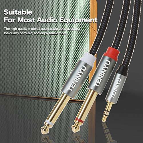 TENINYU 3.5mm 1/8" TRS to Dual 6.35mm 1/4" TS Mono Stereo Y-Cable Splitter Cord Compatible for iPhone, iPod, Computer Sound Cards, CD Players, Multimedia Speakers and Home Stereo Systems (6FT) 2