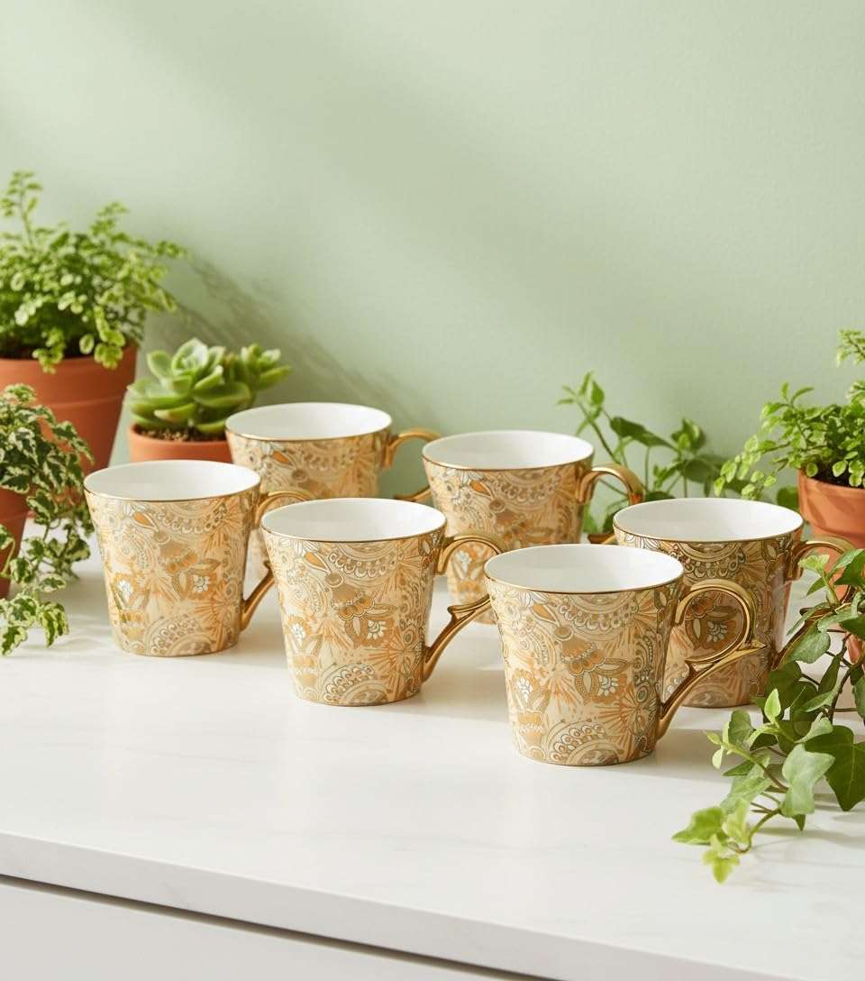 Femora Bridal Mahendi Gold Print Ceramic Tea and Coffee Mugs, (180 ml, Golden) - 6 Pcs Set (NOT Microwave Safe) 1