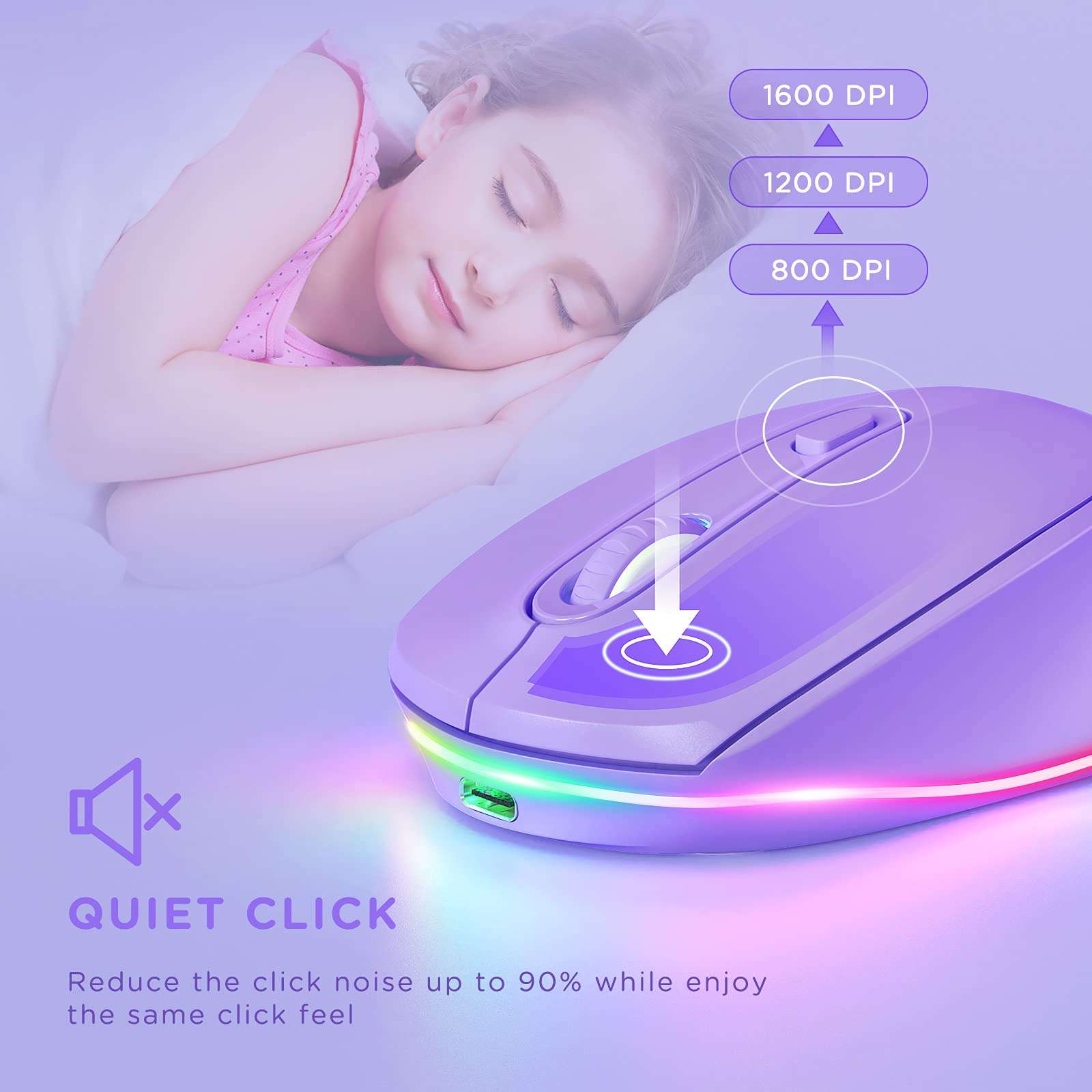 seenda Wireless Mouse, Rechargeable Light Up Mouse for Laptop, Small Cordless Mice with Quiet Click LED Rainbow Lights for PC Computer Kids Chromebook Windows Mac, Purple 3