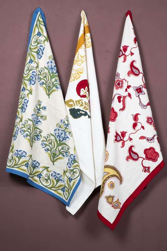 CONTRAST LIVING Deekshy Hand Block Printed Kitchen Towel/Dish Towel/Hand Towel Multi Color Set of 3 Pcs 1