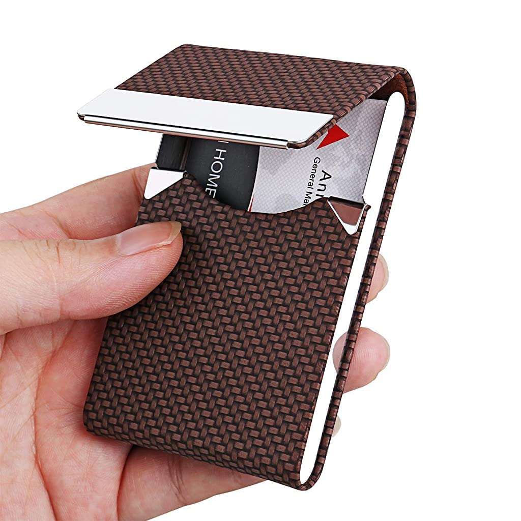 Zibuyu® Business Card Holder for Man&Women Metal Classy Visiting Card Holder for Pocket PU Leather Wallet Slim Cards Case with Metal Magnetic Clasp, 20 Cards (6X9.5Cm) Office Product - Brown