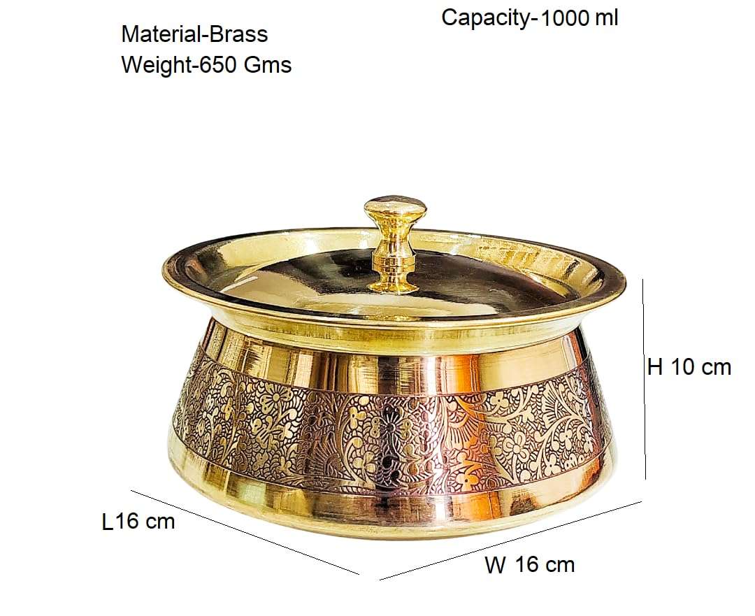 PITAL NAGRI ECRAFT Brass Kitchen Appliances Cooking Serving Pot |Biryani Handi|Urli| Embossed Design Casserole With Lid For Decoration Tableware, Home, Hotel, Restaurant Donga, ( 650 GMS Capacity 1000 Ml ) 4