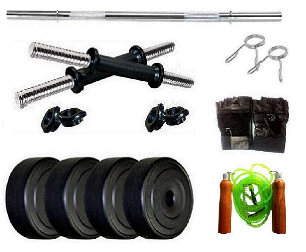 Spanco Home Gym 50 Kg P.V.C Weight Plates (3 Kg X 4 = 12 Kg + 5 Kg X 6 = 30 Kg + 2 Kg X 4 = 8 Kg), Straight Rod, Dumbbell Rods & 2 Accessories for Fitness, Fat Burning & Body Shaping