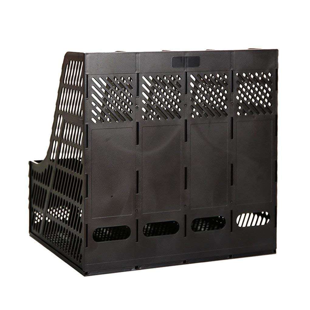 PRANIJ Desktop Magazine Holder Countertop Desk File Organizer 4 Compartments | Plastic Vertical File Dividers Book Holder & Cabinet Document Storage Rack (Black, Step Shelf) 6