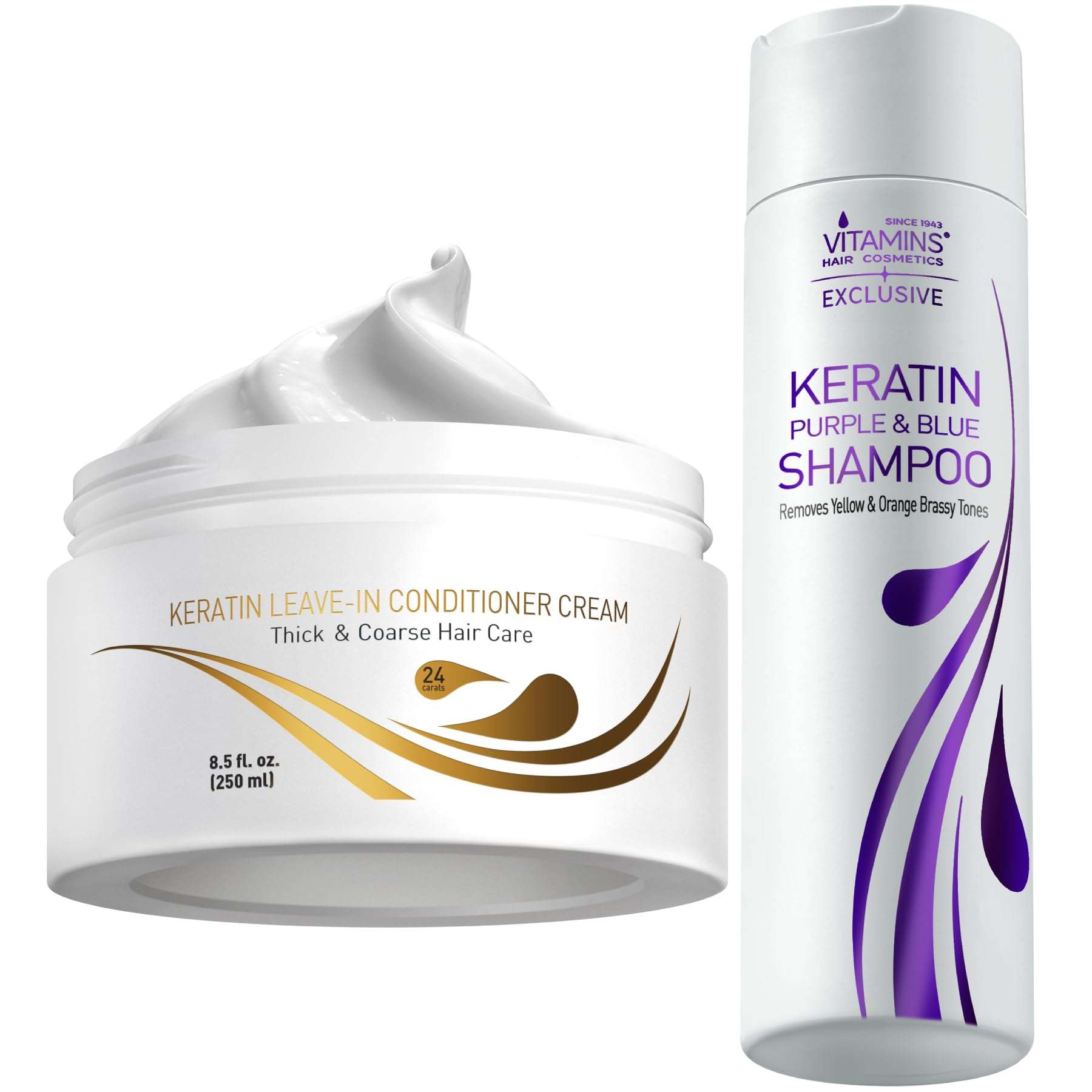 VITAMINS hair cosmetics Keratin Thick Hair Leave-In Conditioner & Purple Shampoo Kit, Pro Salon No Rinse Moisturizer for Dry Thick Hair & Anti-Brass Shampoo for Bleached Blonde Platinum Silver Hair 1