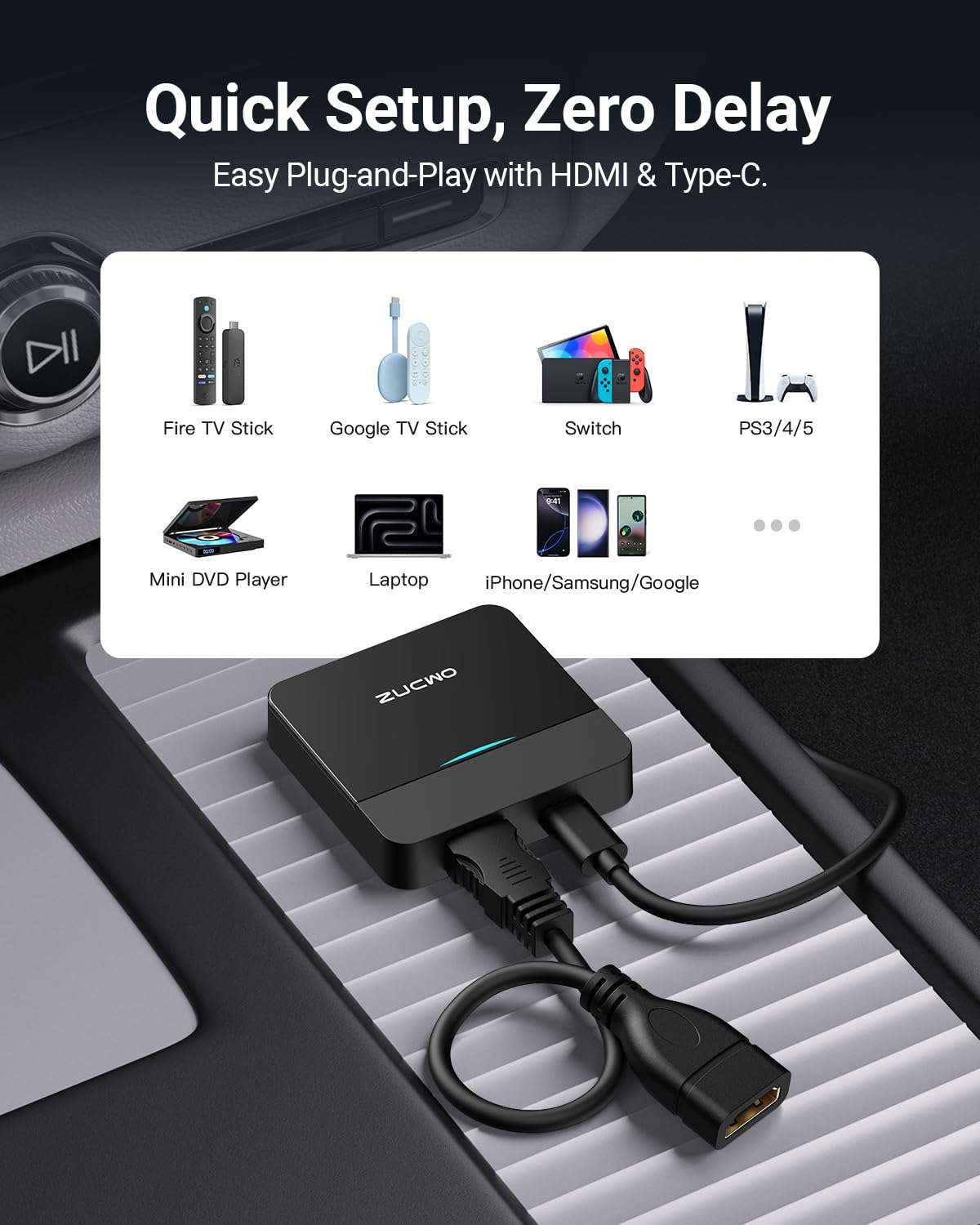 ZUCWO Wireless CarPlay Adapter & Car TV Mate Support Video HDMI Converter for TV Stick/Game Machine, 2-in-1 CarPlay HDMI Multimedia for Cars with Factory Wired CarPlay from 2016, Plug & Play, Black 4