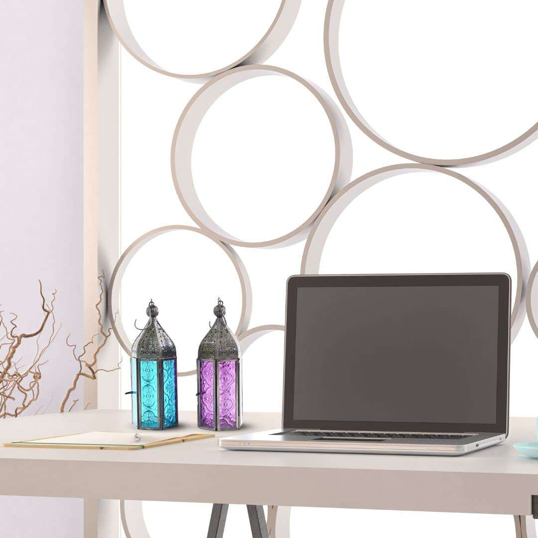 Behoma Moroccan Lanterns for Home Decoration Purple and Blue Textured Glass | Showpiece for Home Decor Living Room Study Room Table Hanging Lantern Lamp | Set of 2 Nickle Black Small 4