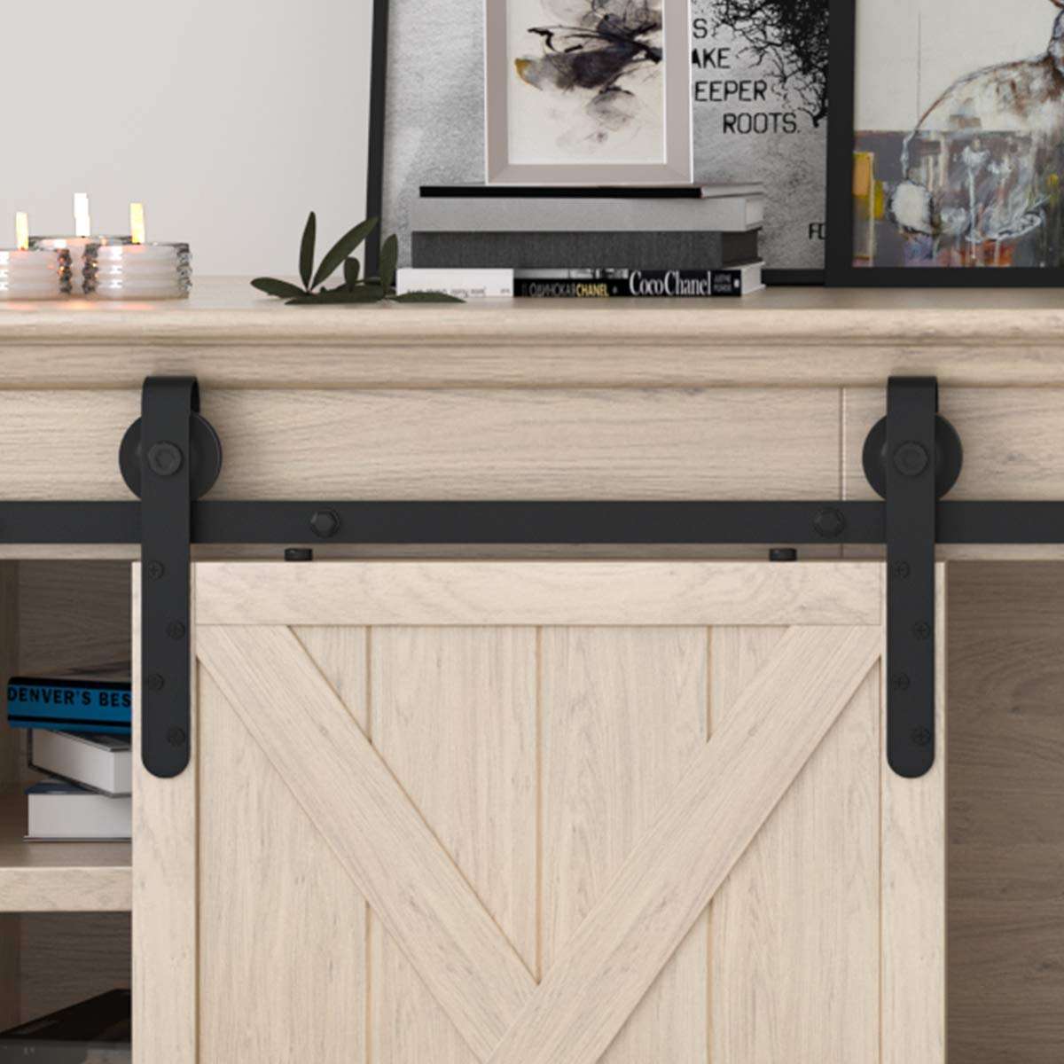 Homlux 6ft Double Cabinet Door Mini Barn Door Hardware Kits - Smoothly & Quietly - Simple & Easy to Install J Shape Hangers 6