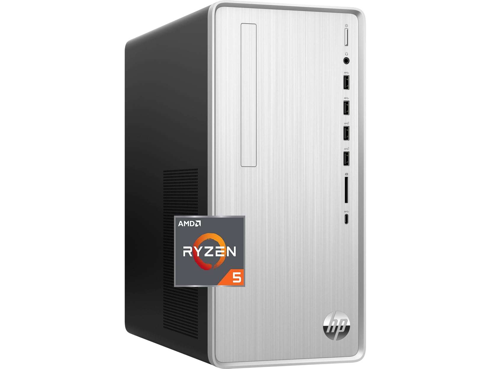 HP Pavilion Desktop, AMD Ryzen 5 5600G, 8GB RAM, 1TB HDD, 256GB SSD, Windows 11 Pro, HDMI, Wi-Fi 5, Bluetooth, USB Ports, Natural Silver, PCM 1
