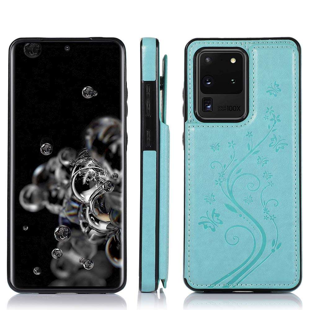 Phone Case for Samsung Galaxy S20 Ultra Glaxay S20ultra 5G with Tempered Glass Screen Protector Card Holder Wallet Cover Stand Flip Leather Cell Gaxaly 20S S 20 A20 20ultra G5 Cases Women Men Green 4
