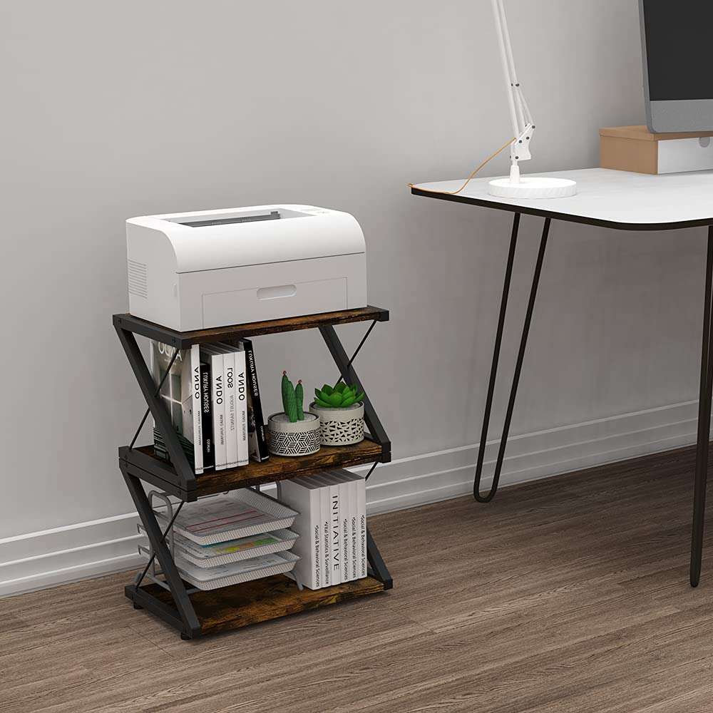 VEDECASA Rustic Wooden Desktop Printer Stand 2 Tier Printer Shelf Farmhouse Industrial Vintage Wood Table Side Storage Organizer for Home Office X Shaped Under Desk Printer Stand 4