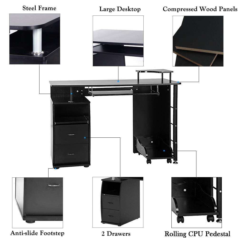 Binrrio Computer Desk, Wood Home Office Computer Desk, Laptop PC Table Writing Study Table Computer Workstation with Storage Drawers，Keyboard Tray, Printer Tray 3