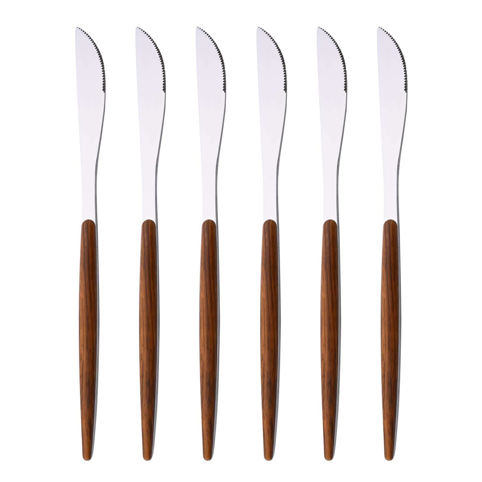 Uniturcky 6 PCS Silver Steak Knife With Wooden Effect Handle, Stainless Steel Dinner Knife Set for 6, Mirror Polished Table Knives Set for Home Hotel Restaurant, Easy To Clean