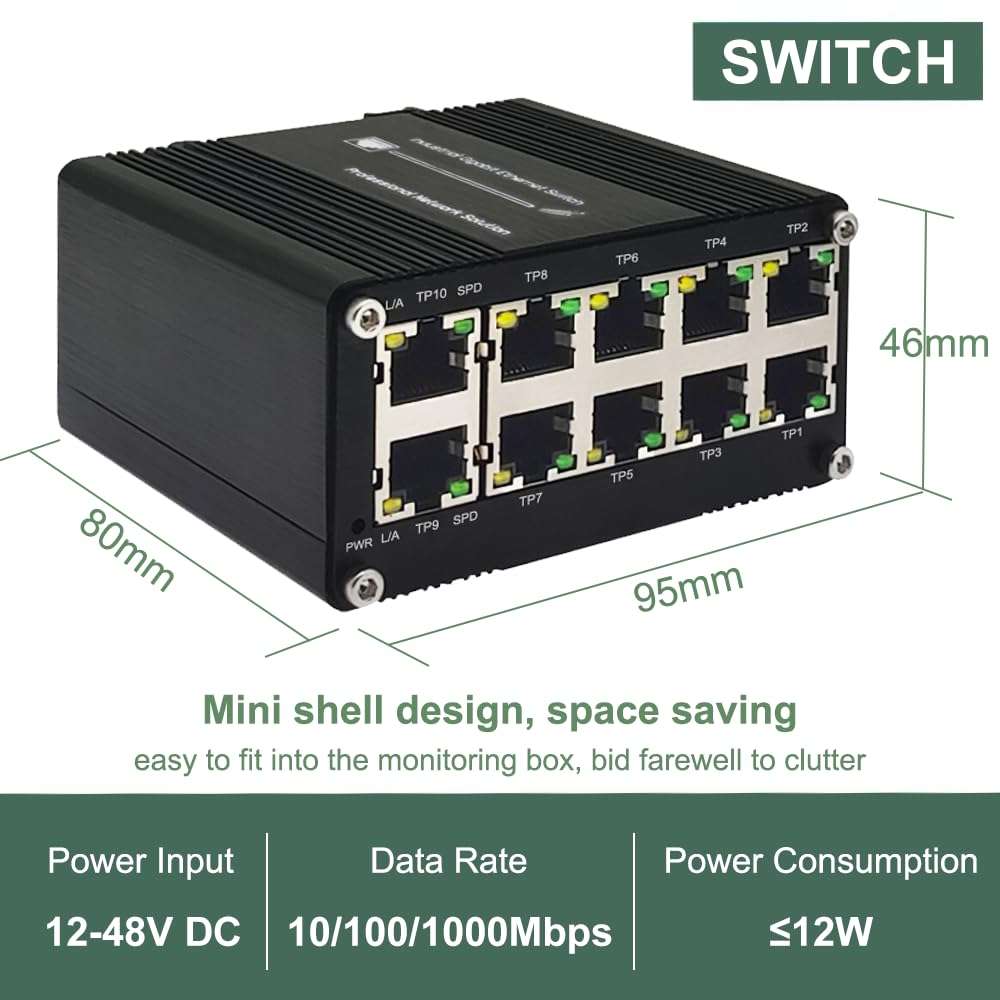 10-Port Gigabit Ethernet Switch - Industrial-Grade Unmanaged Network Hub with Din-Rail or Wall Mount, Full Duplex Desktop,Fast Connection,Plug and Play, Rugged Metal Case, Wide Temperature Range 3