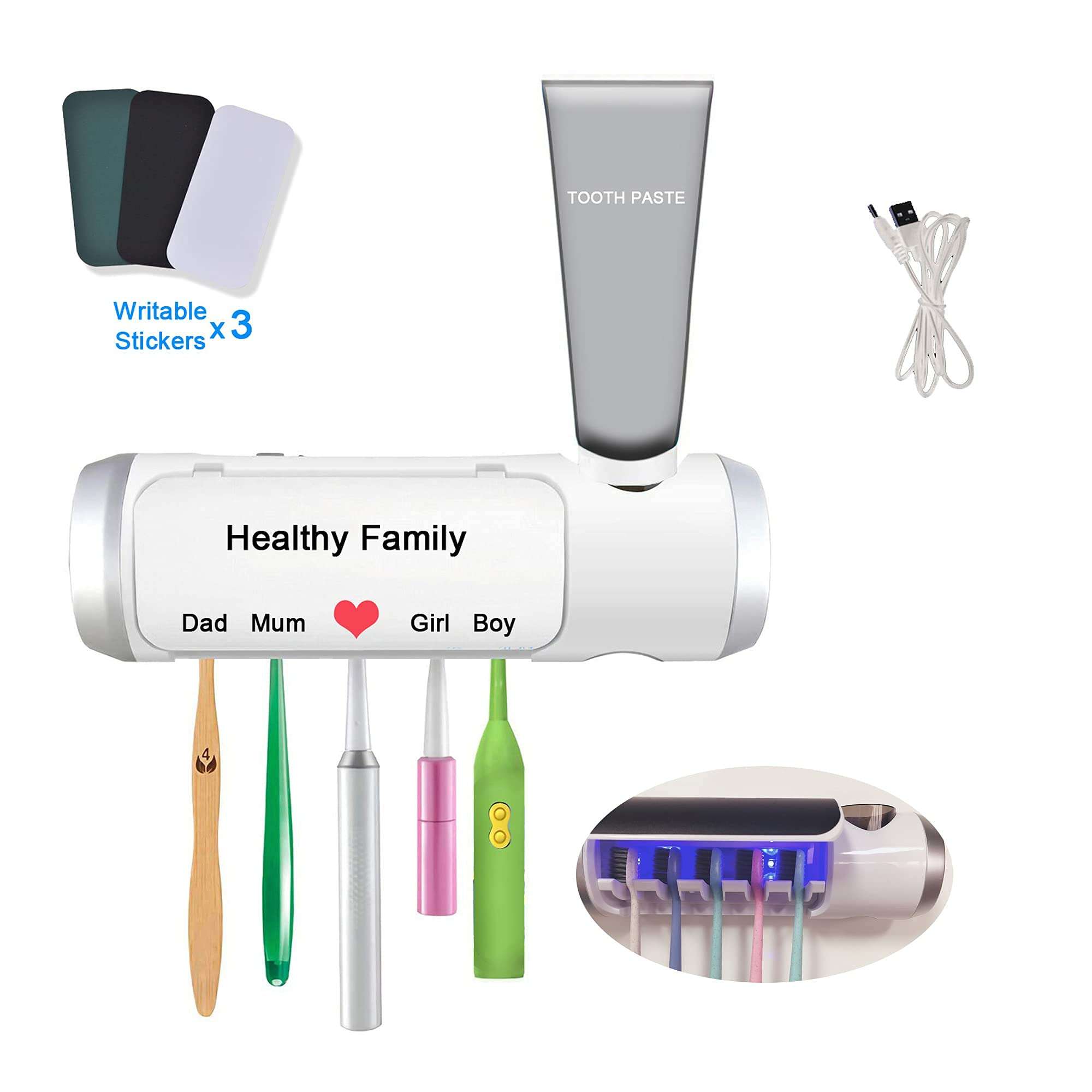 Aquatrend Toothbrush Holder 5 Slots with Cover, Wall Mounted Toothbrush Rack Cleaning Function, Bathroom Space Saving Toothbrush Organizer with Writable 3 PCS DIY Stickers 4