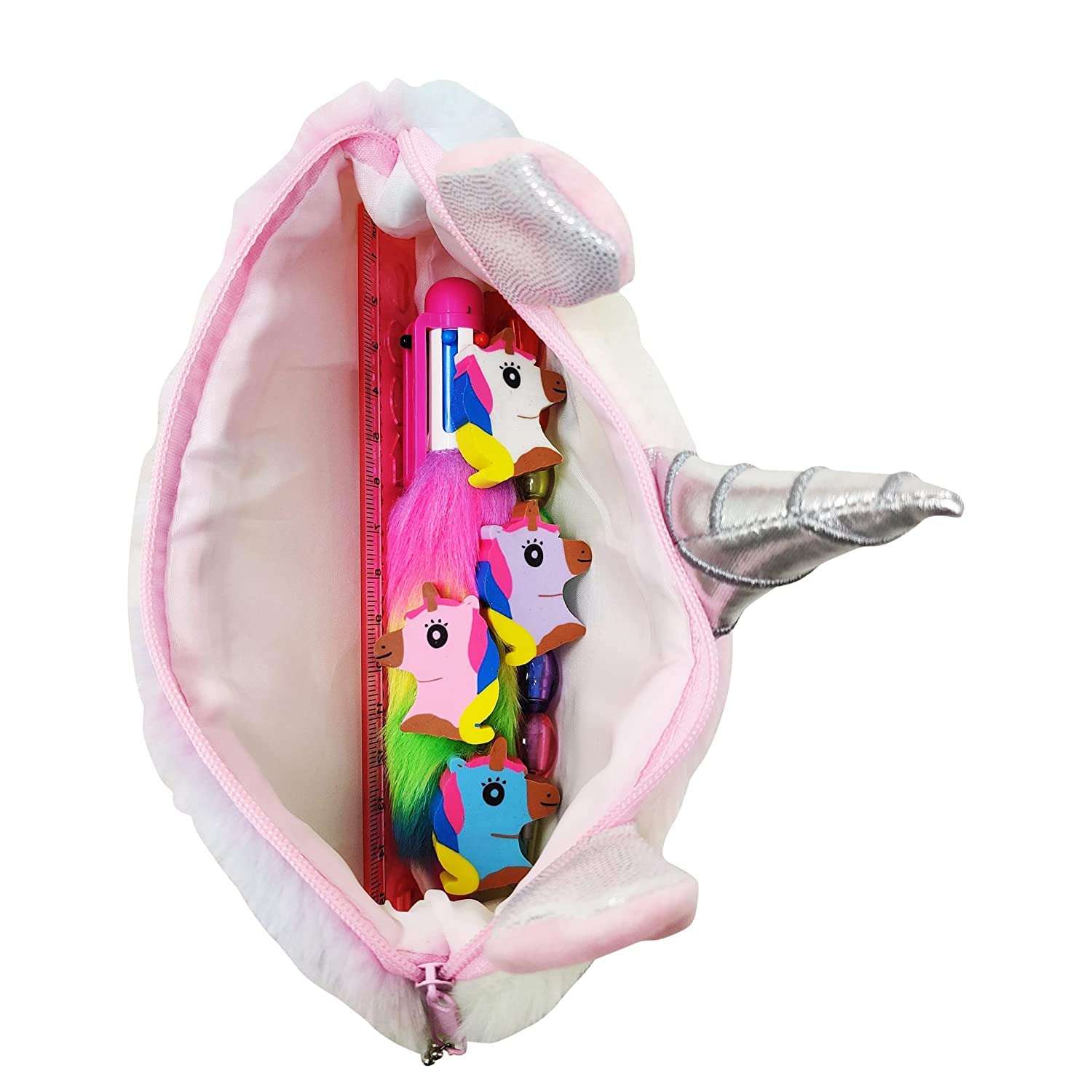 MKY® Unicorn (Combo of 6 Items) 1 Fur Pouch, 1 Fer Pen, 2 Pencils, 1 Scale and 1 Packet Unicorn Eraser for Kids (Multicolor) 4