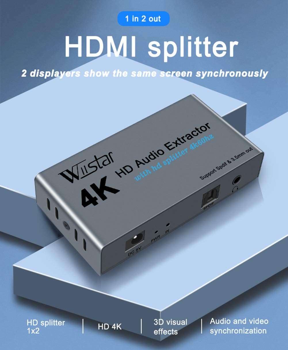Wiistar 4K HDMI Audio Extractor with 4K60hz HDMI Splitter 1 in 2 Out Spdif/Toslink/Optical 3.5mm Jack Audio Out Signal Distributor Converter for PS4 Xbox One DVD Blu-ray Player HD TV Projector 4