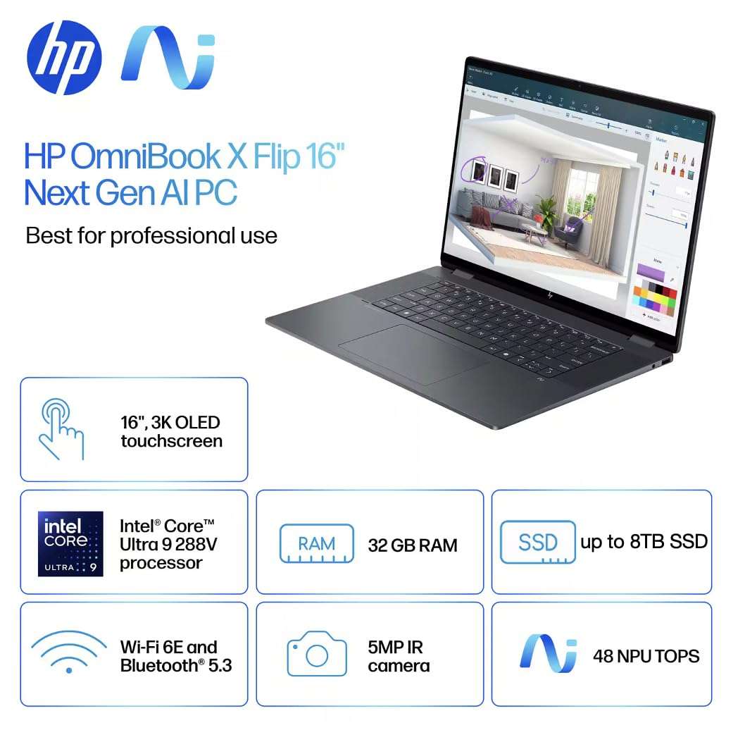 HP OmniBook X Flip Copilot+ PC 2-in-1 Laptop 16" Touchscreen OLED 3K (Intel Ultra 9-288V (UP to 48 Tops), 32GB LPDDR5X, 8TB SSD, Backlit KB, Thunderbolt 4, WiFi 6E, Bluetooth 5.3, Webcam, Win 11 Home) 4